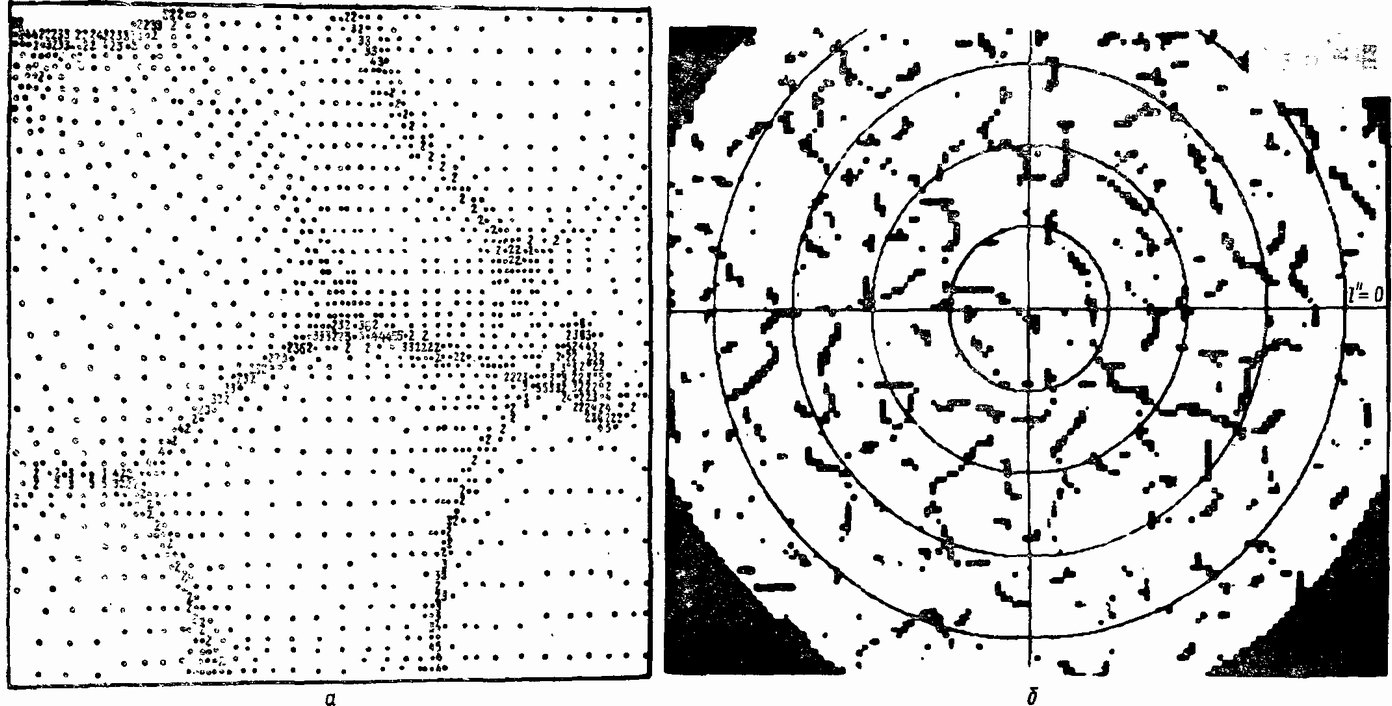 Рис. 29. Крупномасштабная структура Метагалактики: а) двумерная модель филаментарно-ячеистой структуры (А.Г. Дорошкевич, С.Ф. Шандарин, 1975 г.), б) схема наблюдаемого распределения галактик