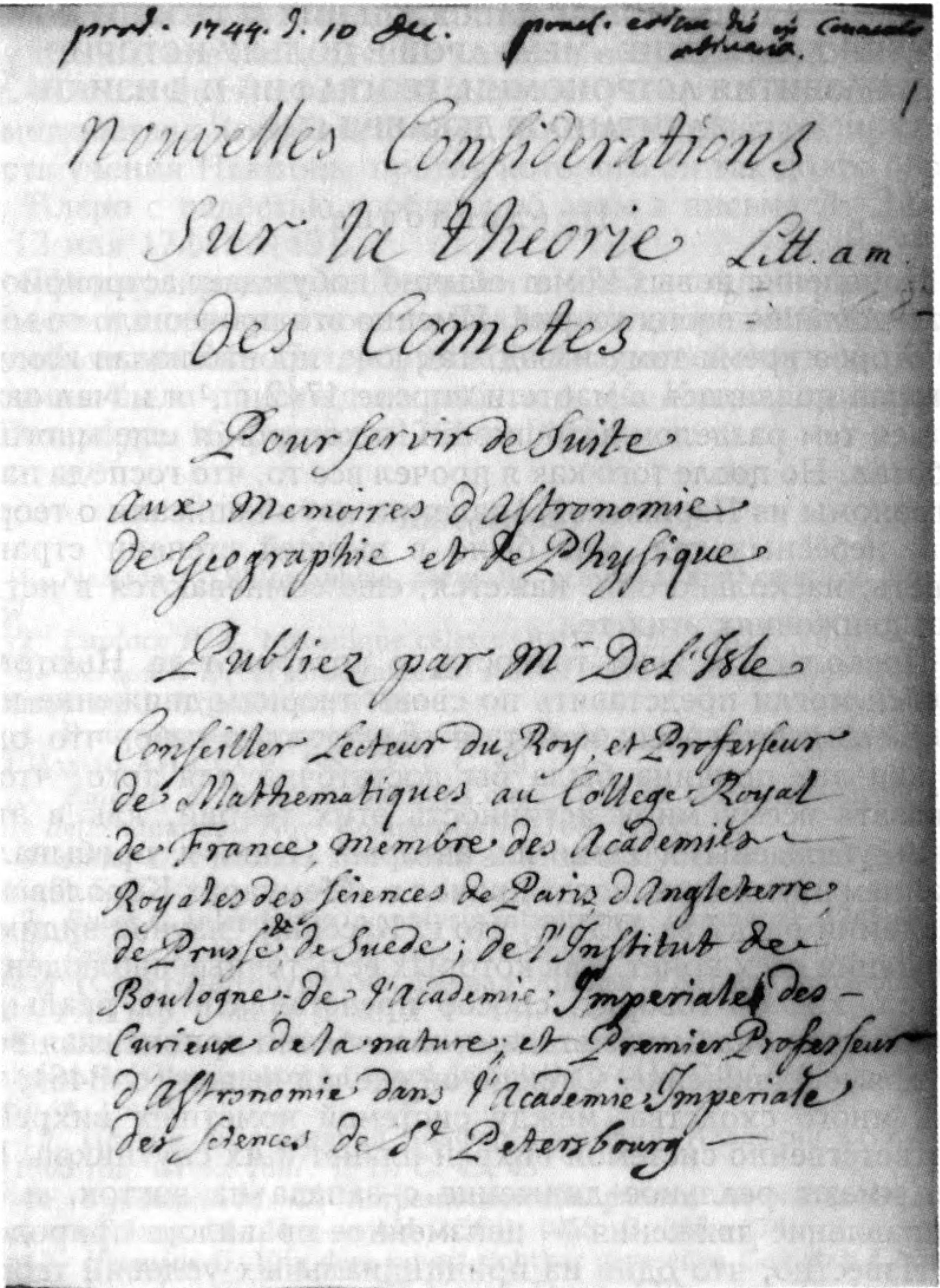 Титульный лист рукописи Ж.Н. Де лиля «Новые рассуждения о теории комет»