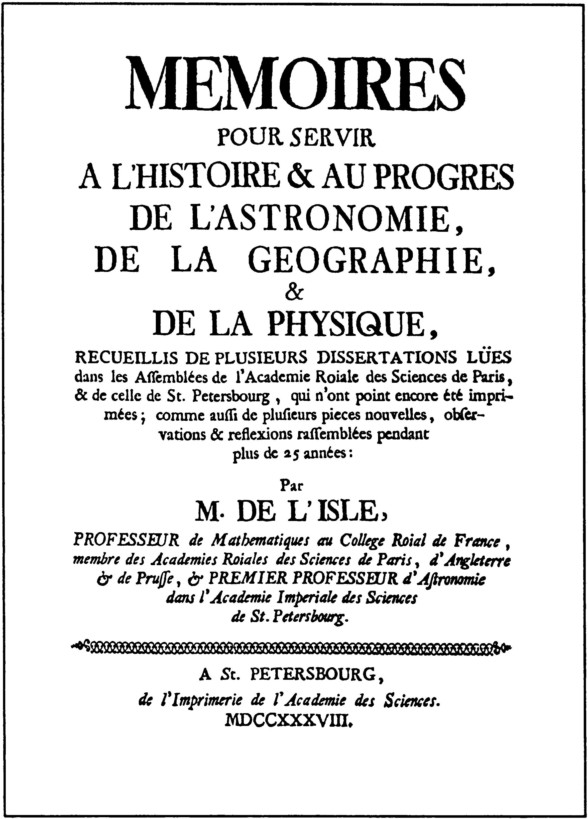 Титульный лист работы Ж.Н. Делили «Мемуары в пользу истории и развития астрономии, географии, и физики»