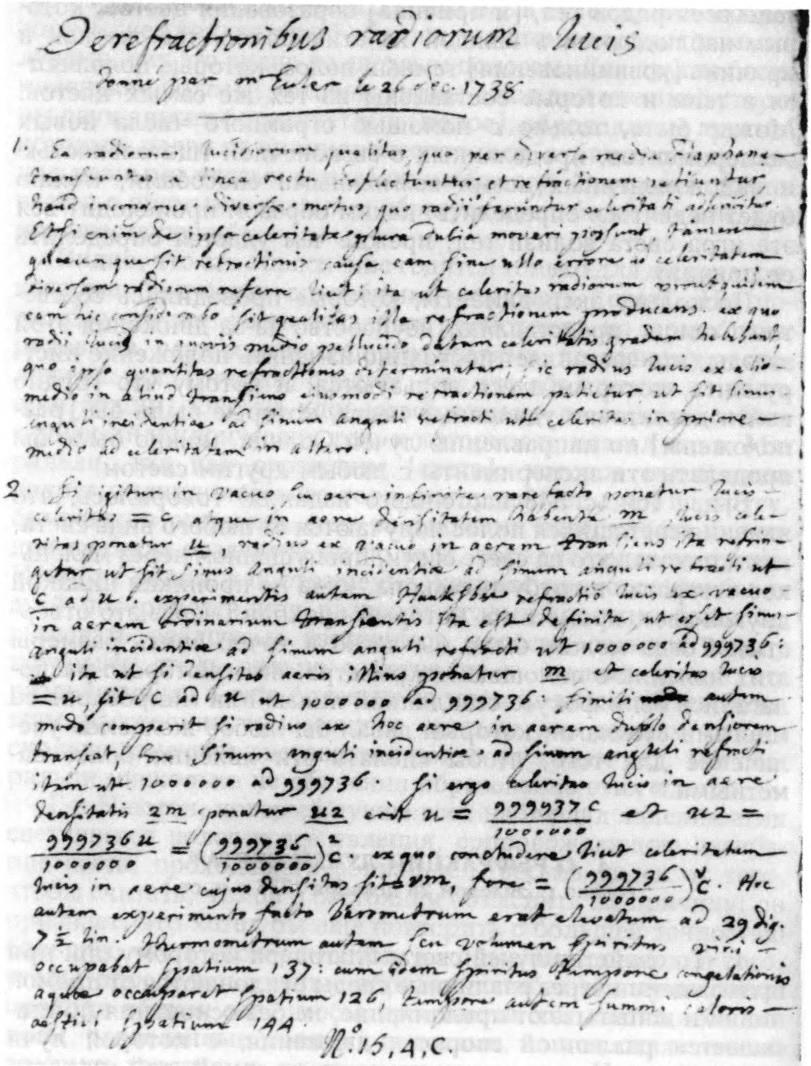 Первый лист рукописи Л. Эйлера «О рефракции лучей света»