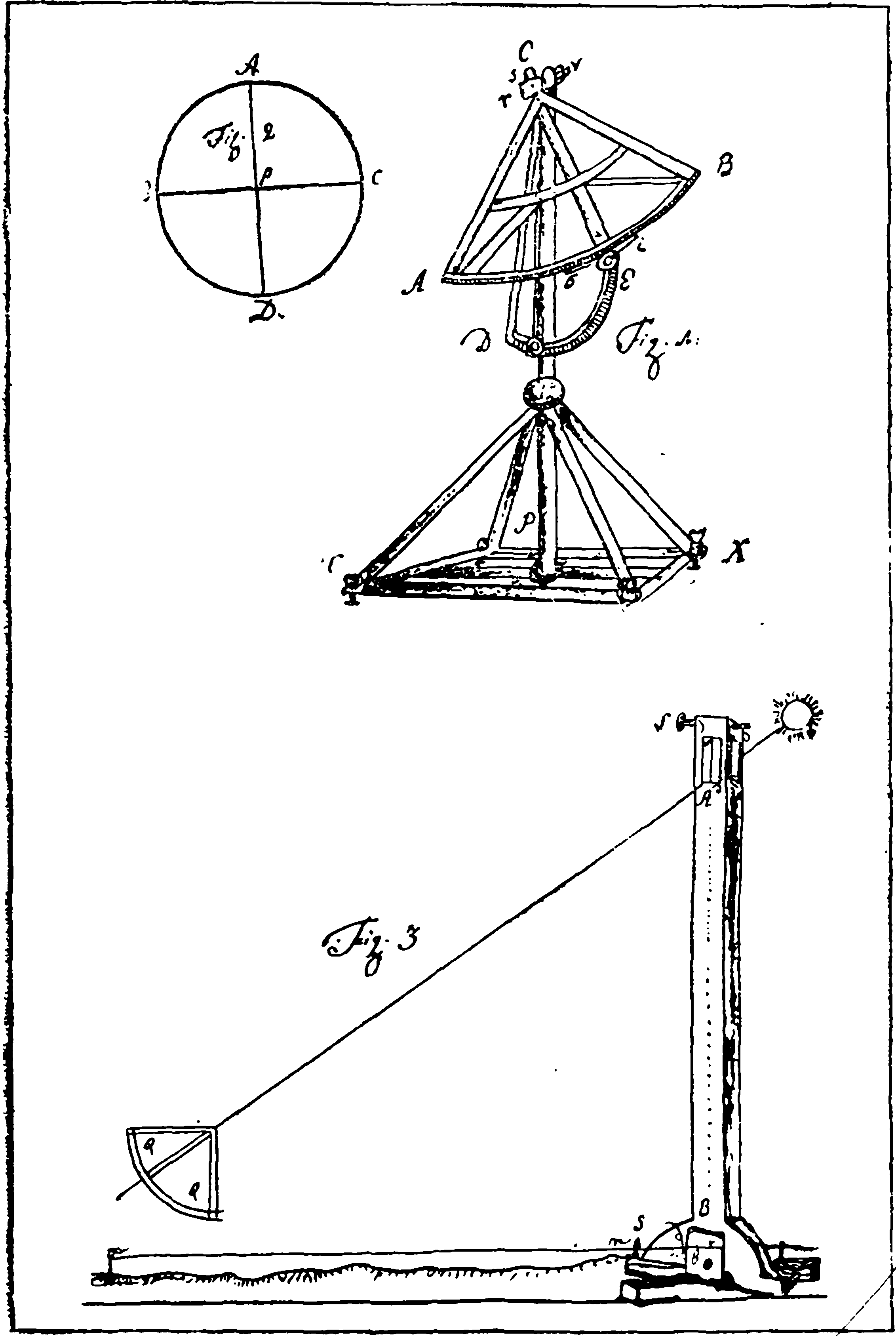 Рис. 10. Прибор М.В. Ломоносова для определения полуденной линии (вверху); приспособление для точного определения момента истинного полудня (внизу)