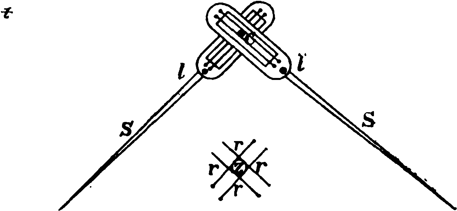 Рис. 17. Большой маятник (отвес) для определения колебаний положения центра тяжести Земли. Справа показано устройство стрелок SS. Они могут поворачиваться вокруг осей ll. Конец стержня С помещен между двумя парами натянутых нитей rr