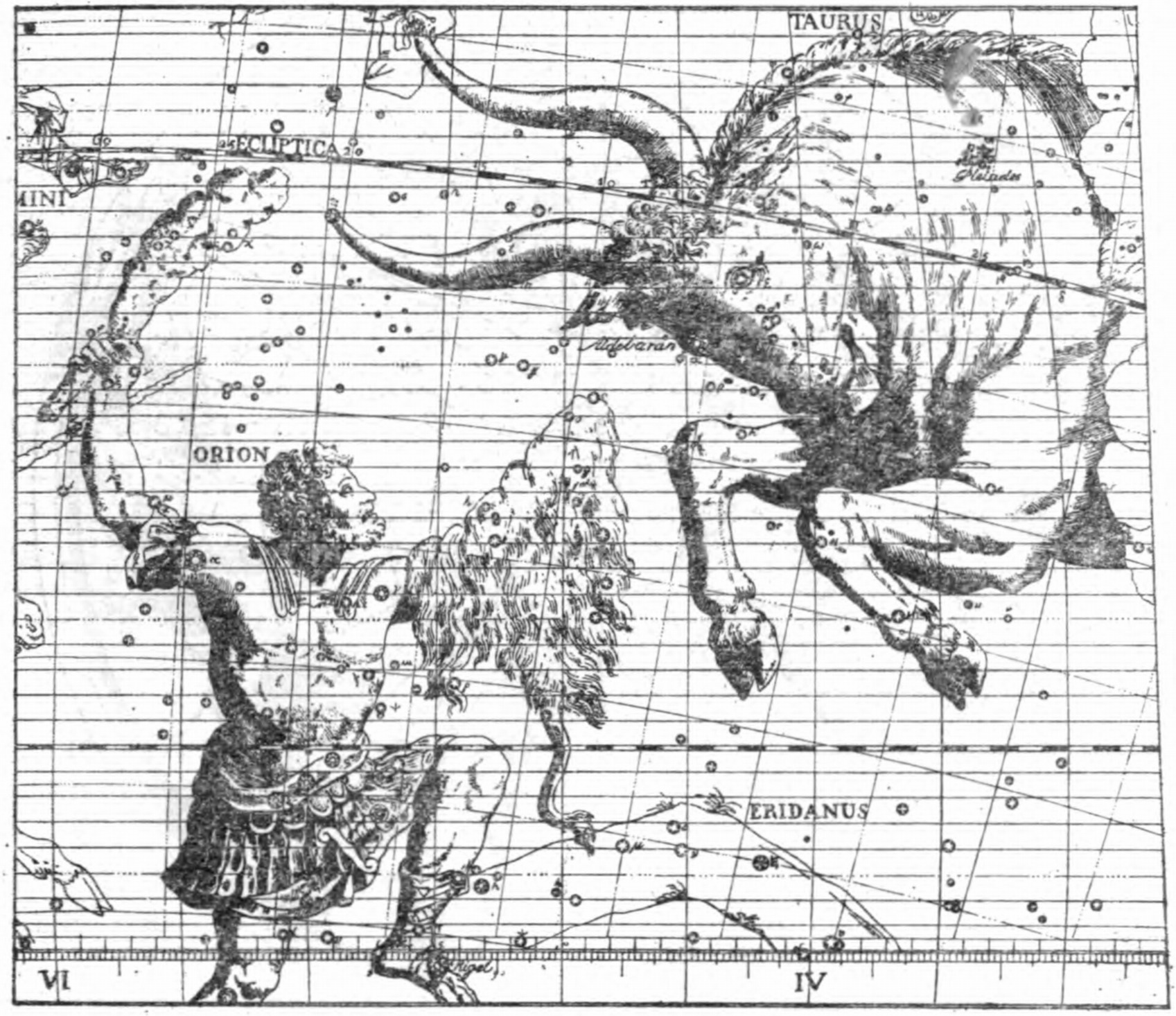 Рис. 2. Фигуры созвездий Ориона и Тельца в старинном звездном атласе