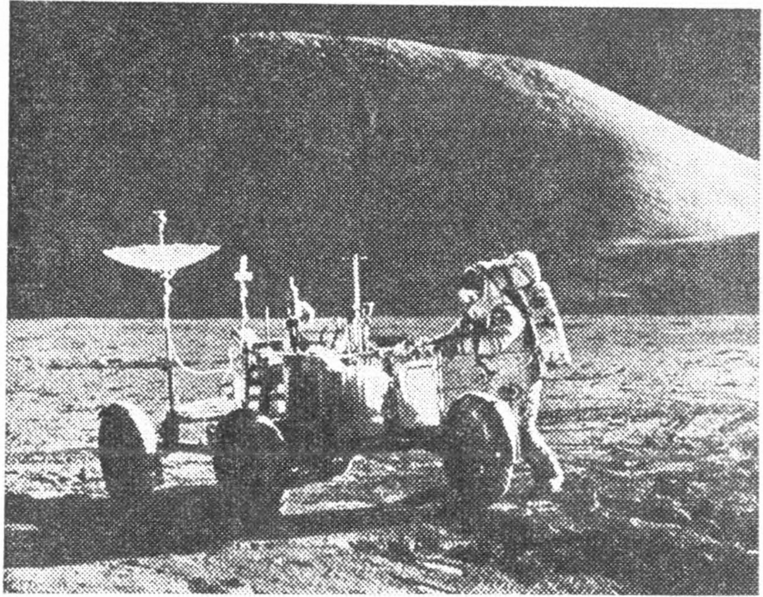 Рис. 41. Космонавт с луноэлектромобилем на Луне