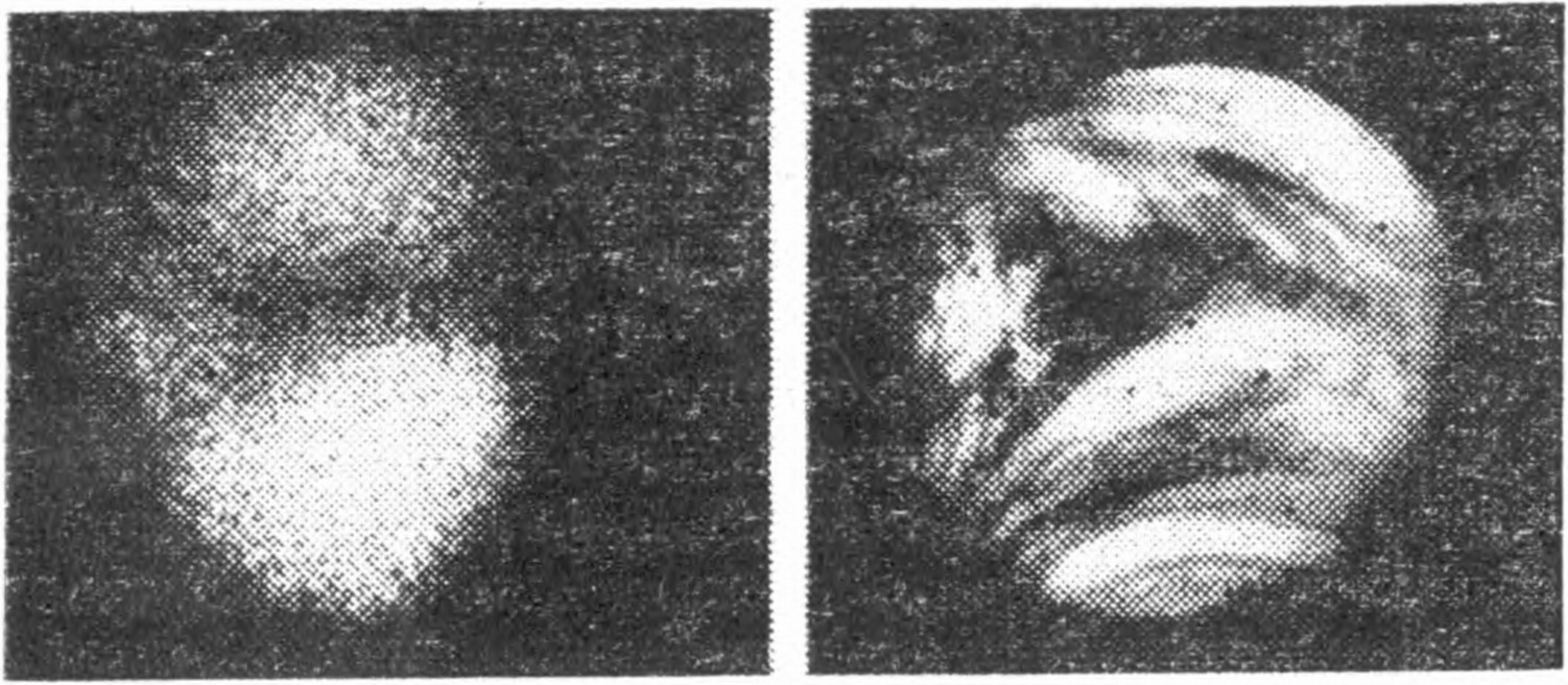 Рис. 48. Фотографии Венеры в ультрафиолетовых лучах: — слева— наземная, с низким разрешением, справа — с близкого расстояния со станции