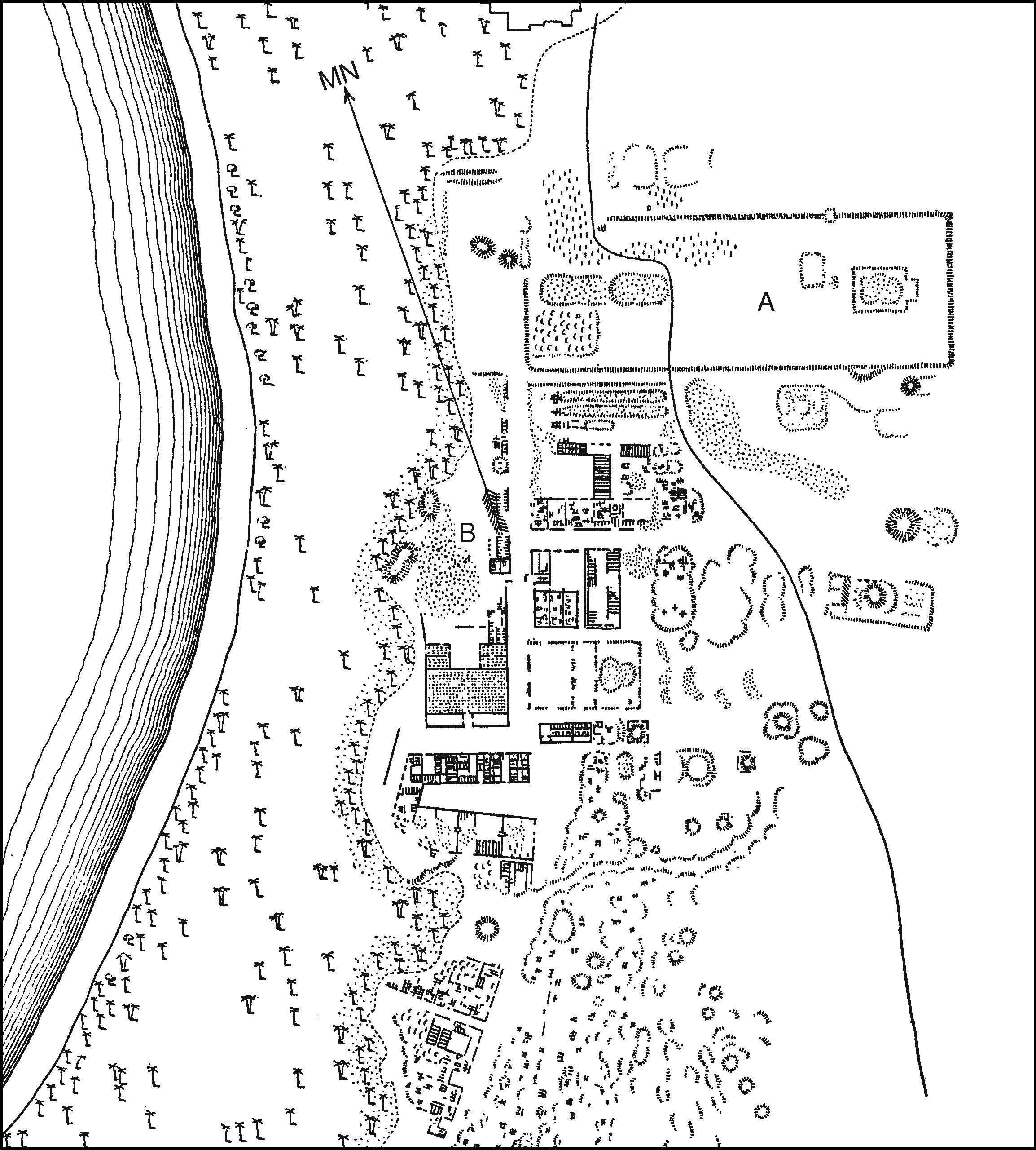Храмы в Тель-эль-Амарне. A — храм Атона (Спики), B — храм Сета