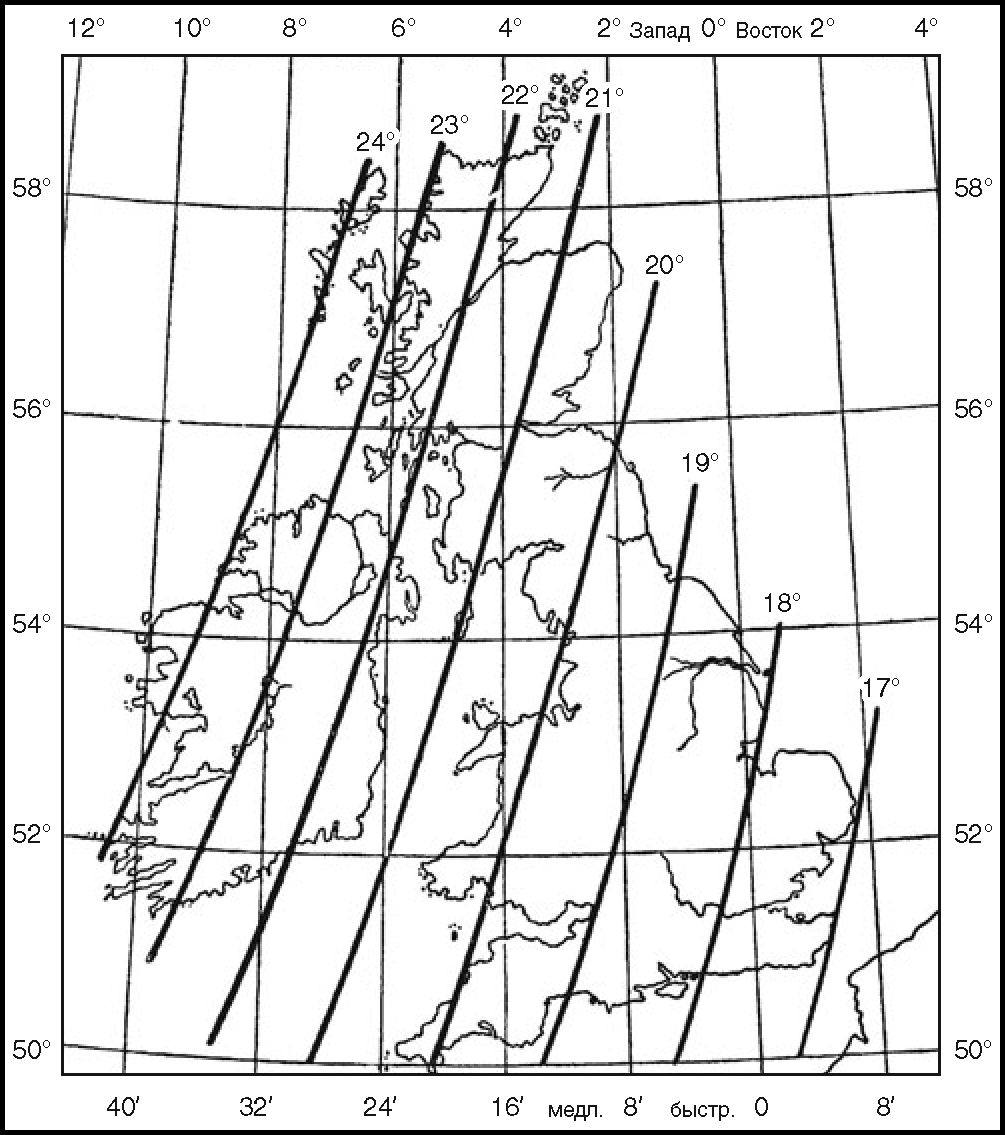 Магнитная карта Британских островов с отклонениями в разных точках