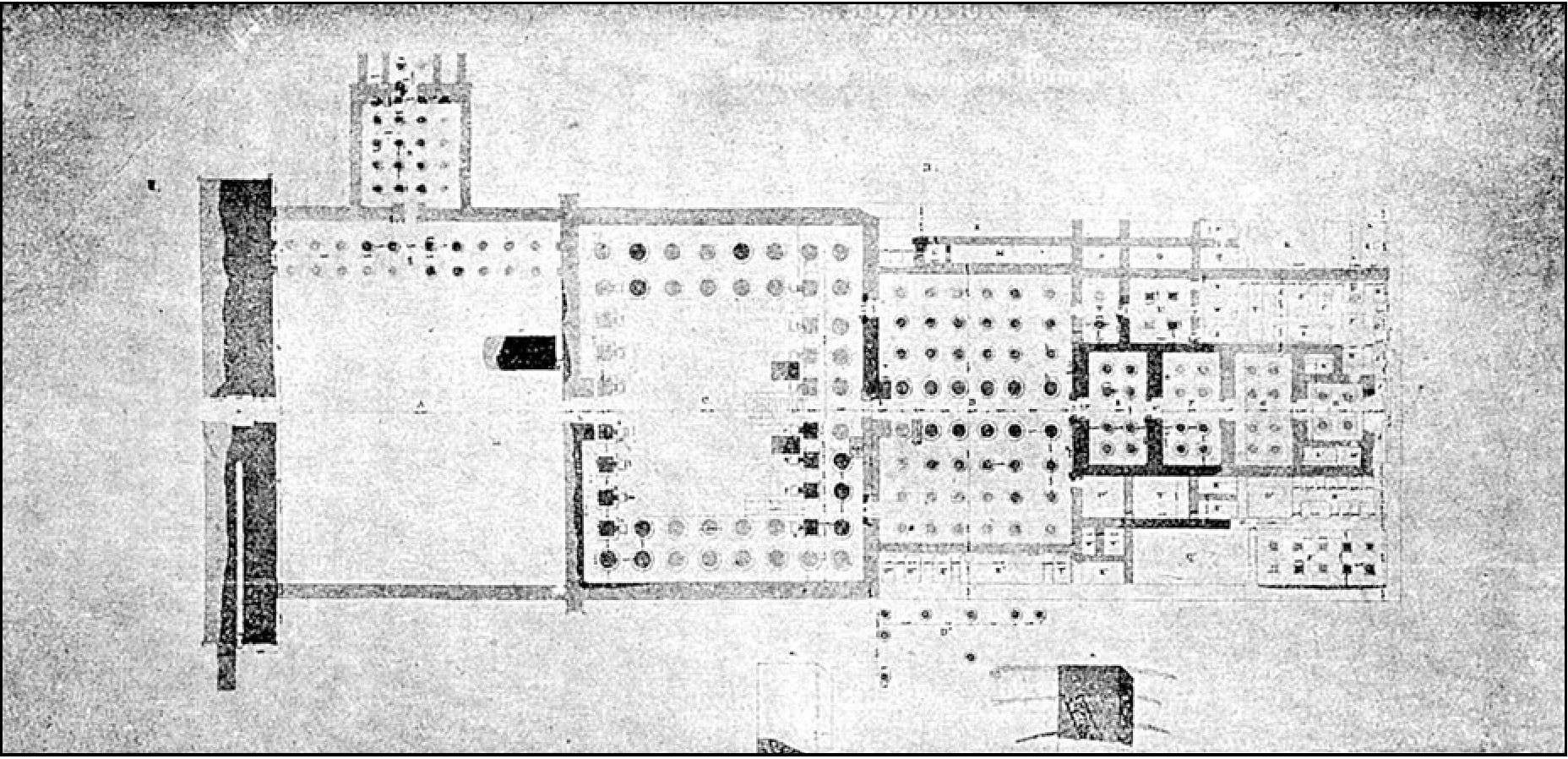План храма Рамсеса II в фиванском Мемнонии (у Лепсиуса), с пилоном у открытого конца и святилищем у закрытого