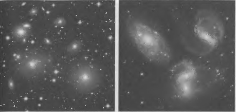 Рис. 8.1. Одна из высших ступеней космической иерархии — скопление галактик. Слева — центральная часть известного скопления в созвездии Персей, в котором доминирует активная галактика NGC 1275 (левее центра). Следующая ступень иерархии — отдельные галактики и их кратные системы. Справа — одиночная галактика NGC 7320 (левее центра) и группа галактик из так называемого Квинтета Стефана (NGC 7317-19). Фото: HST, NASA, ESO, CFHI