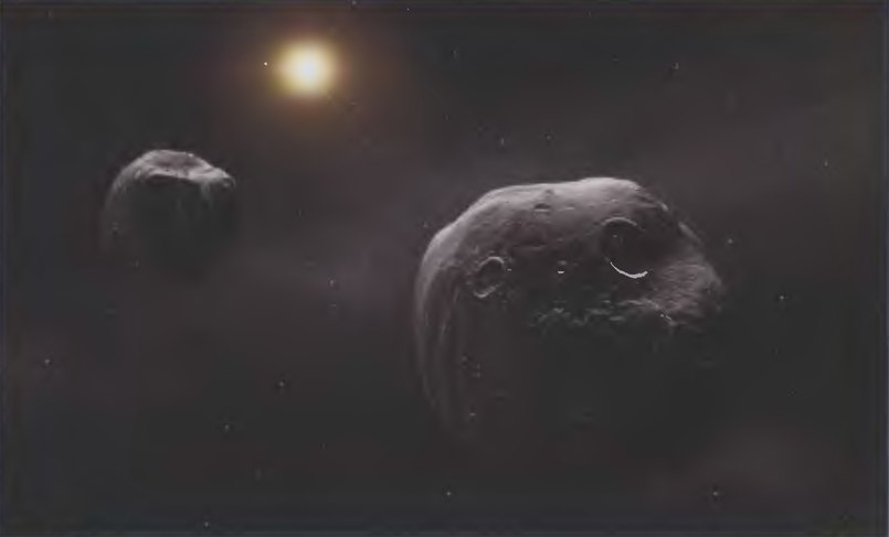 Художественное представление двойного астероида Антиопа. Ещё одна (наиболее низкая?) ступень на лестнице космической иерархии. Рисунок: ESO