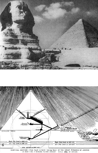 28. а — сфинкс и Великая пирамида; б — схема Великой пирамиды, составленная Пьяцци Смитом. Вход ориентирован на звезду альфа Дракона (−2170)