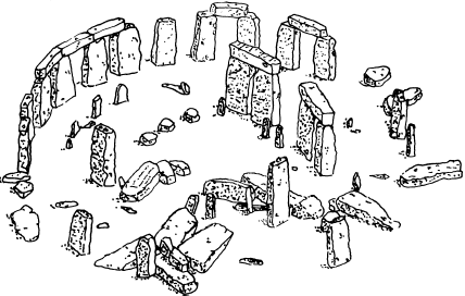 Рис. 9. Набросок центральной части Стоунхенджа, если смотреть с запада (1958 г.), до восстановления камней трилита (57—58)