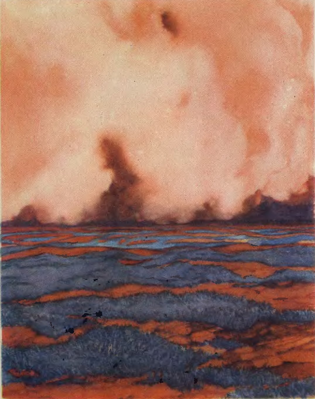 Предполагаемый пейзаж Марса; низкая сине-голубая растительность на красной почве. С горизонта налетает одна из частых на планете песчаных бурь