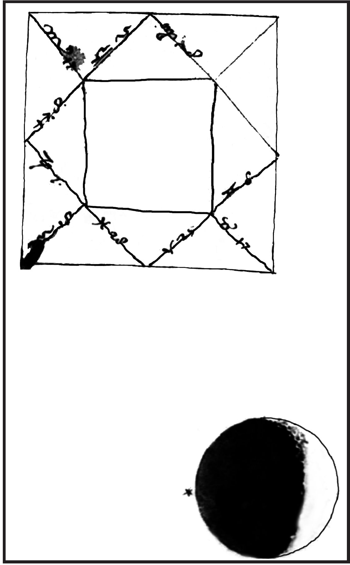 Рис. 13. Г. Галилей. Набросок гороскопа Козимо II (ниже акварельный рисунок Луны)