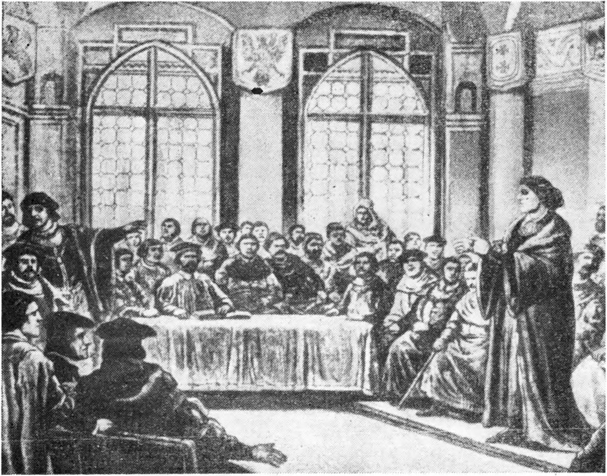 Коперник выступает с докладом о чеканке монеты на сеймике в Грудзёндзе. Рисунок художника Сыпневского, 1876 г.