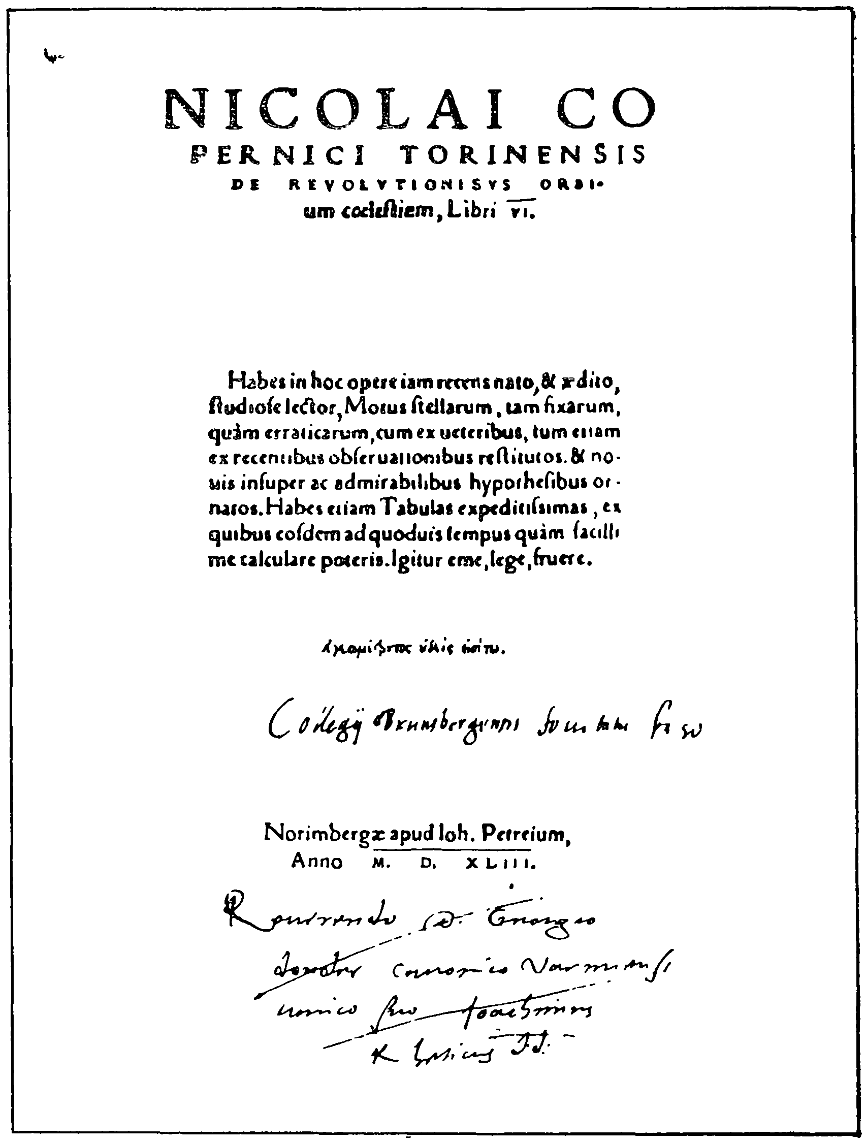 Титульный лист книги Коперника «De Revolutionibus», 1-е издание 1543 г.