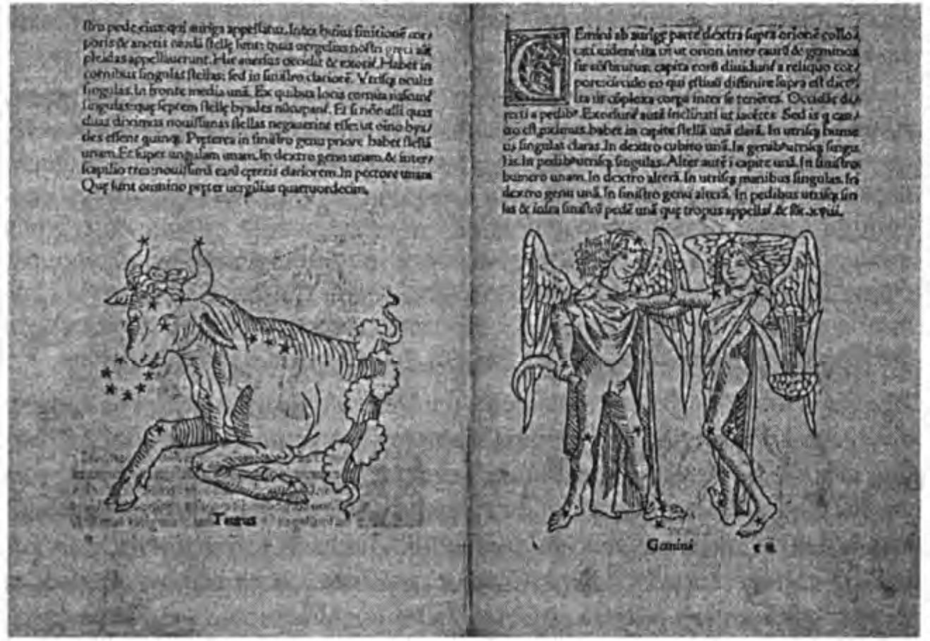 Фигуры Зодиака из «Поэтикой Астрономикон» Гюйгенса, 1482 г. Текст Гюйгенса содержал, подобно тексту Аратуса, собрание популярных легенд о созвездиях. (Британская Библиотека)