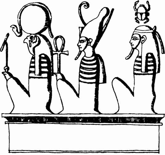 Рис. 22. Ра — Атум — Гепри, бог Солнца, изображенный на стене гробницы в скалах (XX династия древнеегипетских фараонов)