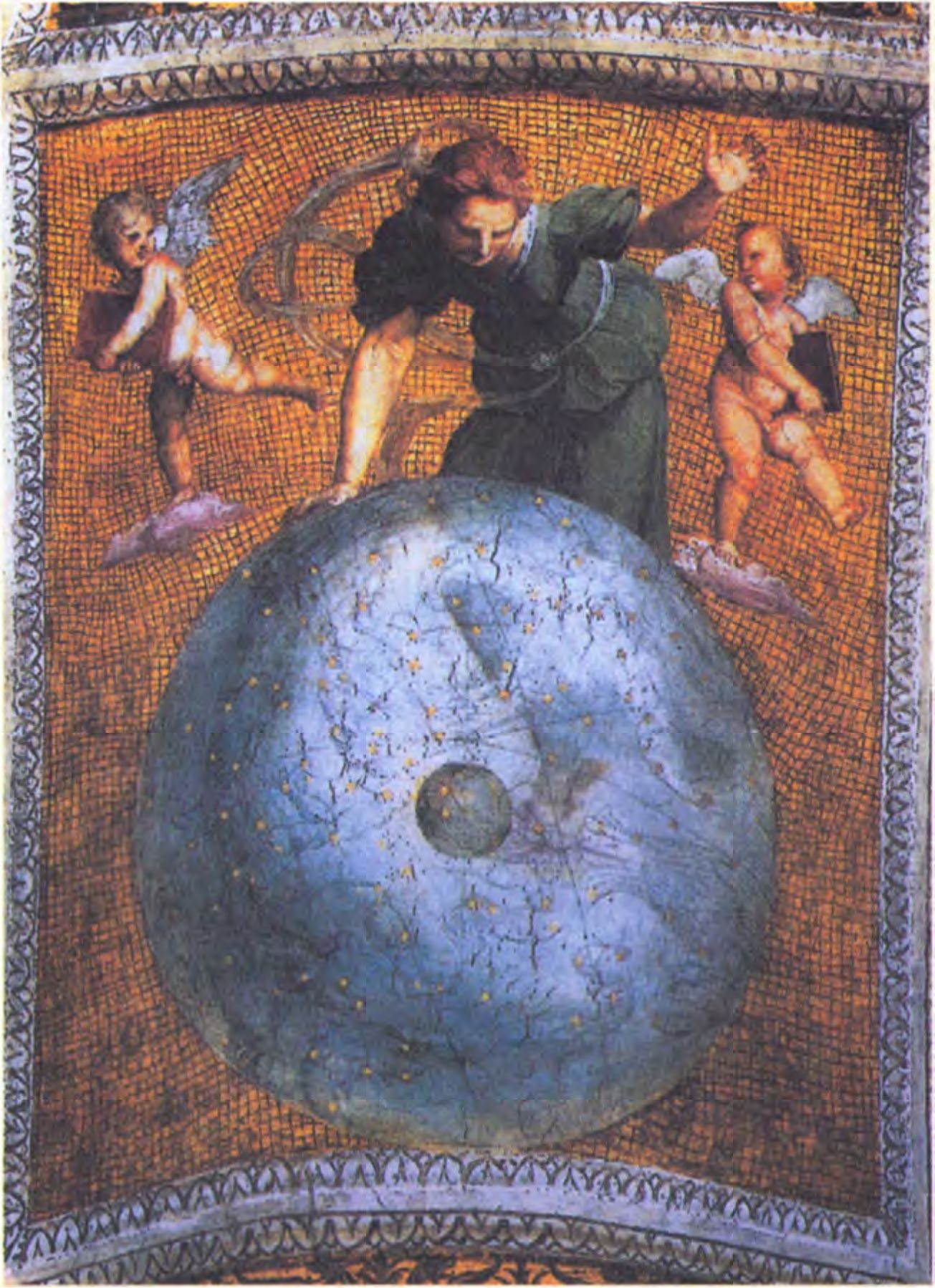 Небесная сфера на картине эпохи Ренессанса. На поверхности сферы находятся звезды, здесь ее вращает ангел. Это — христианизированная версия Аристотелевского первоначального движителя. (Ватикан)