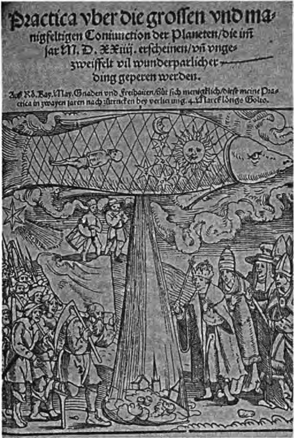 Предсказанные наводнения 1524 г. Великая Конъюнкция всех планет в созвездии Рыб, имевшая место в Феврале 1524 г., была предметом неослабного интереса. Ожидались различные бедствия, в особенности, всемирный потоп. (Британская Библиотека)